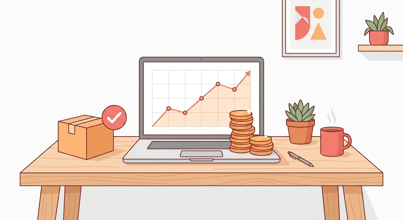 Ноутбук с графиком продаж и монетами